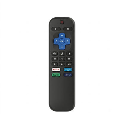 Control remoto negro funciona con televisores Roku TV.