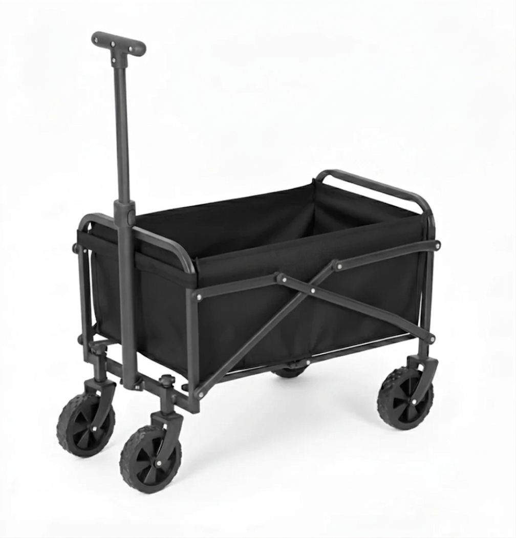 Carretilla plegable multiusos negra con estructura de acero y tela duradera (38x10x38cm).