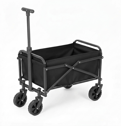 Carretilla plegable multiusos negra con estructura de acero y tela duradera (38x10x38cm).