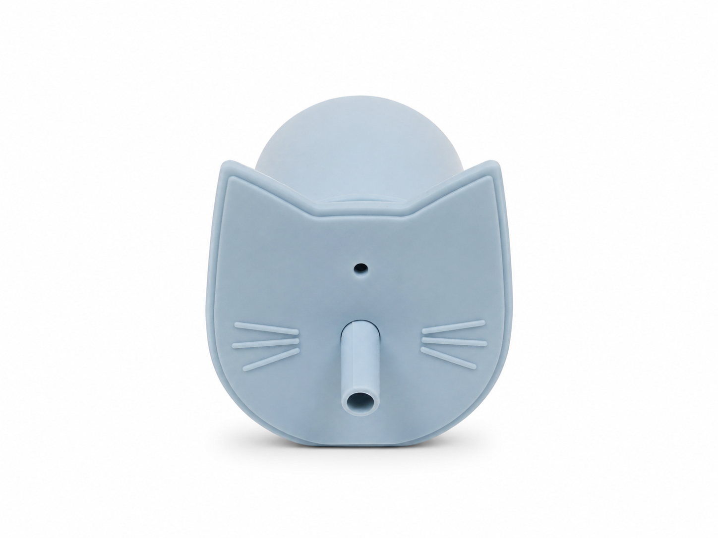 Botella dispensadora portátil de silicona con boquilla y diseño de gato color azul.