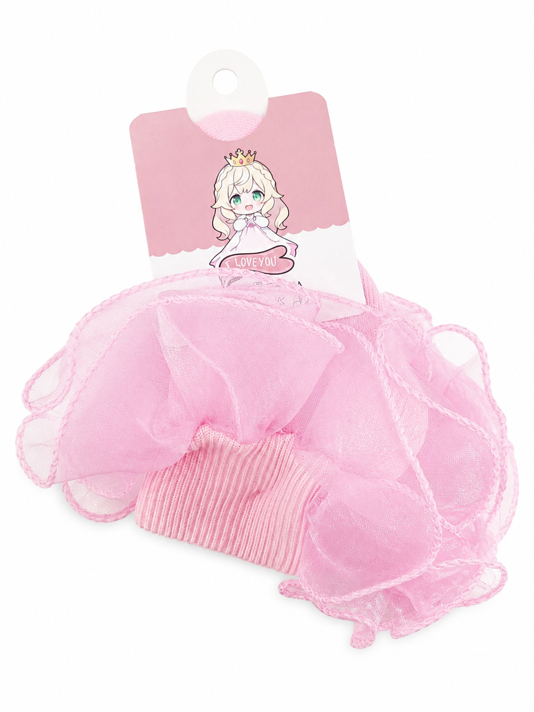 Coletero de Organza Rosa con Banda Elástica y Tarjeta Decorativa.