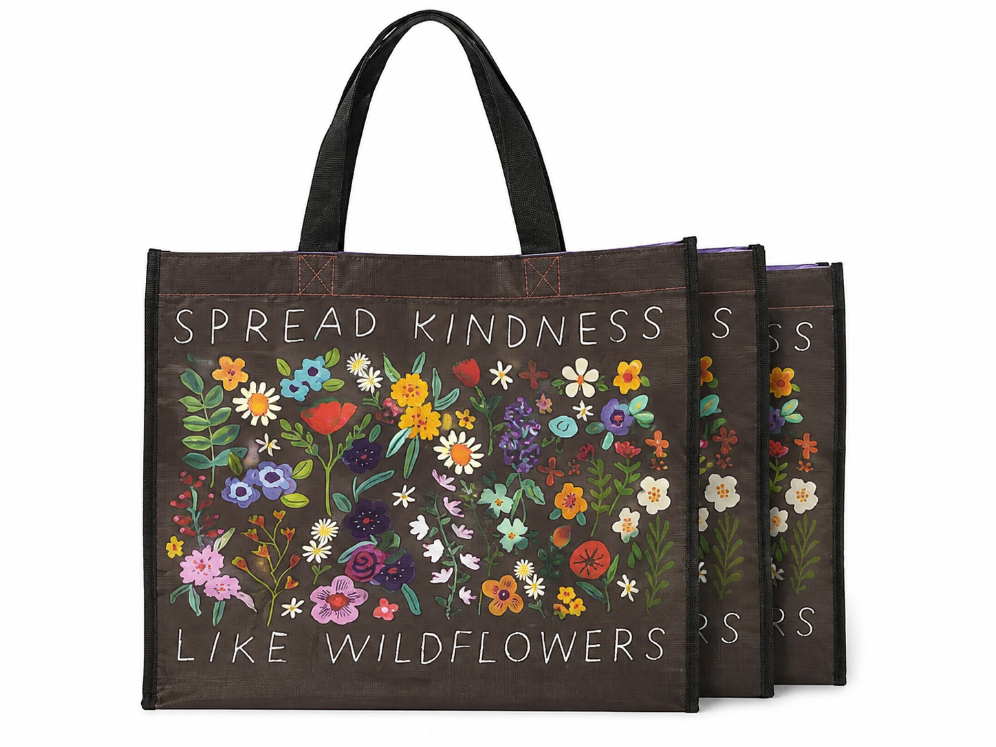 Set de 3 bolsas reutilizables con asas y diseño floral multicolor.