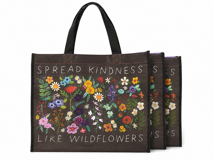 Set de 3 bolsas reutilizables con asas y diseño floral multicolor.