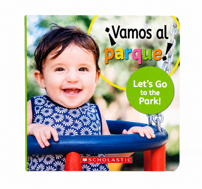 Libro infantil bilingüe de cartón sobre el parque para primeros lectores.