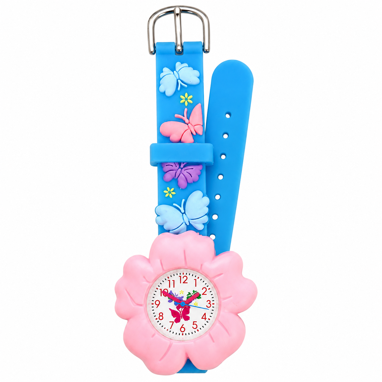 Reloj infantil con correa de silicona azul y diseño de mariposas y flor rosa.