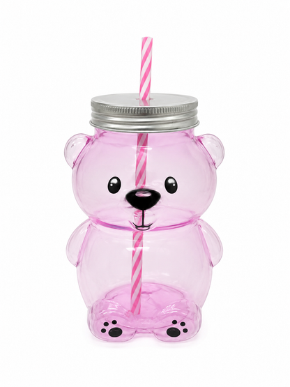 Vaso con Popote en Forma de Oso Transparente Color Rosa.
