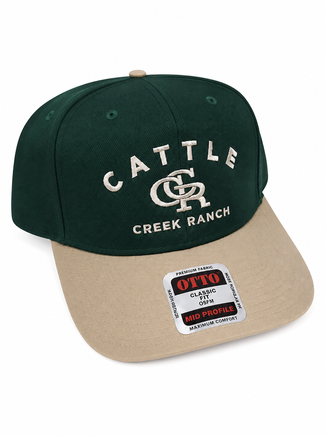 Gorra de Perfil Medio Verde Oscuro con Visera Beige y Bordado Frontal Color Crema.