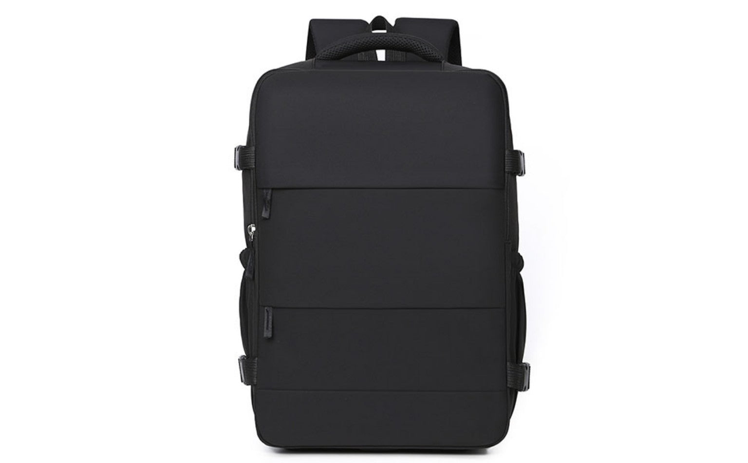 Mochila de viaje negra de gran capacidad con múltiples compartimentos.