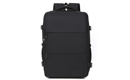 Mochila de viaje negra de gran capacidad con múltiples compartimentos.