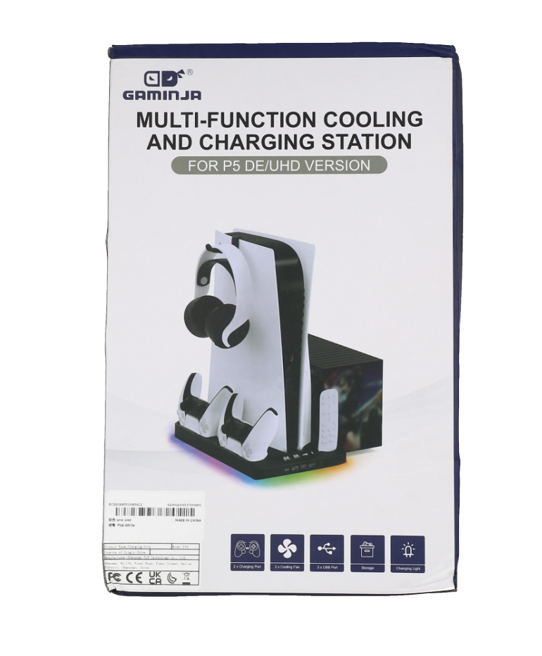 Soporte multifuncional para PlayStation 5 que cuenta con ventiladores de enfriamiento y estaciones de carga para controles.