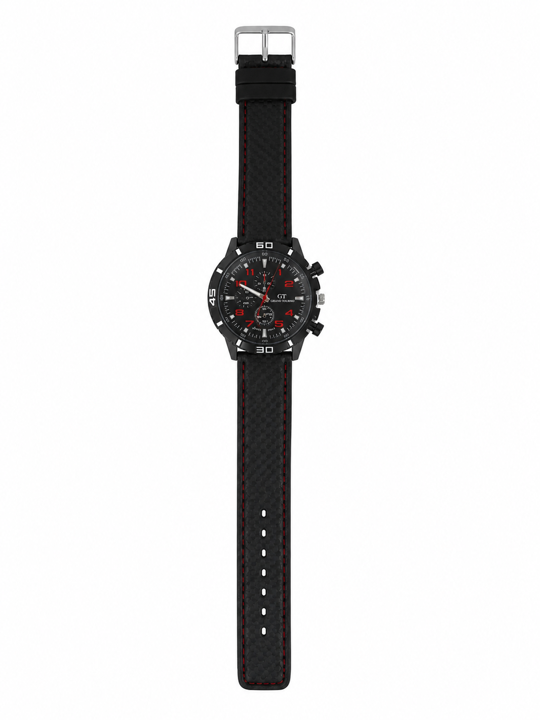 Reloj de Pulsera Analógico Deportivo con Correa Negra de Silicona y Detalles Rojos.
