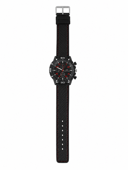Reloj de Pulsera Analógico Deportivo con Correa Negra de Silicona y Detalles Rojos.