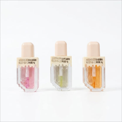Aceites labiales hidratantes con diseño de helado, a menudo vendidos en juegos con varios sabores frutales.