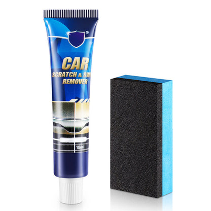 Kit que incluye un tubo de 15 ml de removedor de rayones y remolinos para automóviles junto con una esponja aplicadora.