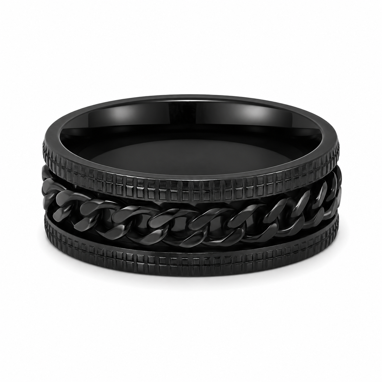 Anillo giratorio de acero inoxidable color negro con cadena central móvil, talla 9.