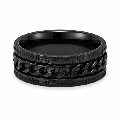 Anillo giratorio de acero inoxidable color negro con cadena central móvil, talla 9.