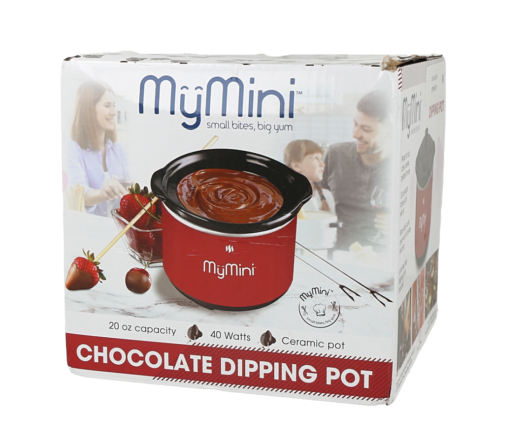 Olla para fundir chocolate eléctrica roja con capacidad de 20 onzas y una potencia de 40 vatios.