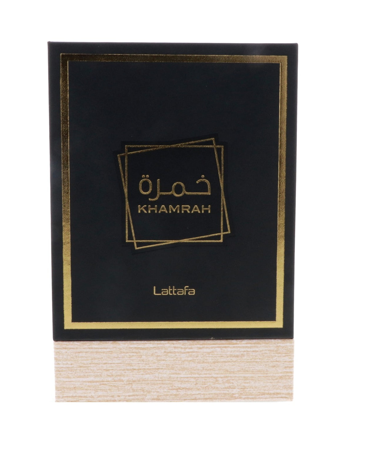 Perfume Khamrah con presentación en caja negra y dorada.