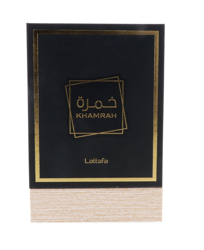 Perfume Khamrah con presentación en caja negra y dorada.