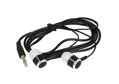Par de audífonos in-ear con cable negro y detalles plateados, son compatibles con dispositivos que tengan una entrada de audio estándar de 3.5 mm.