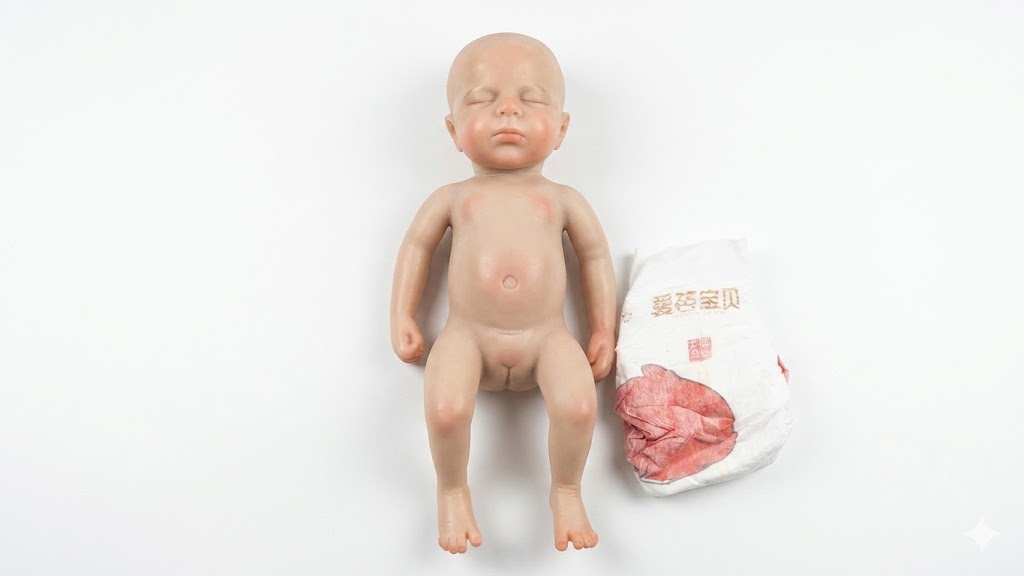 Muñeca realista hecha de vinilo con detalles meticulosos en la piel y expresiones faciales sutiles.