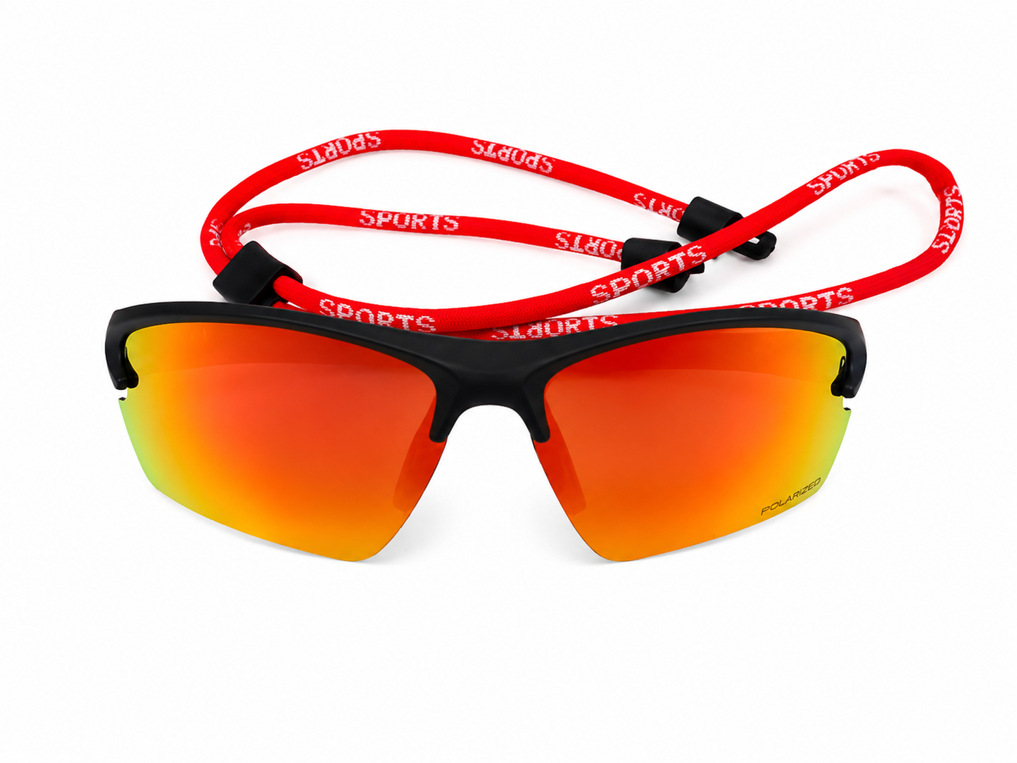 Gafas deportivas polarizadas con lentes espejo naranja y correa ajustable roja.