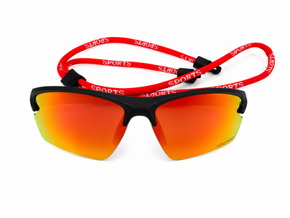 Gafas deportivas polarizadas con lentes espejo naranja y correa ajustable roja.