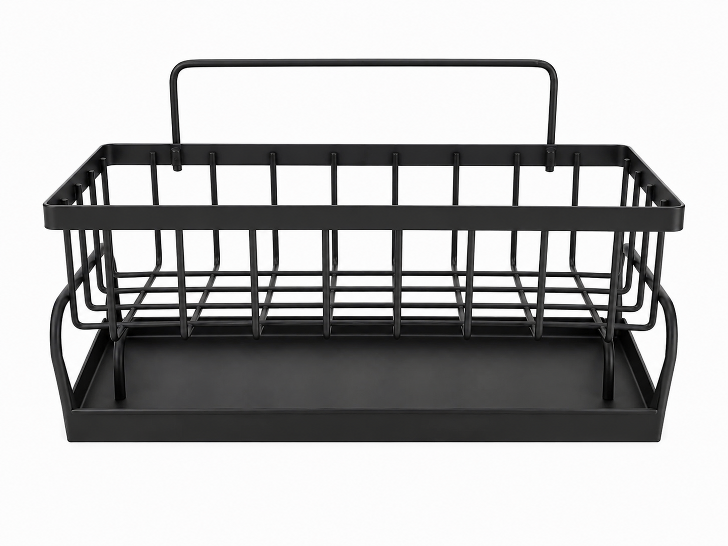 Organizador de plástico negro con bandeja de drenaje y asa para cocina o baño.