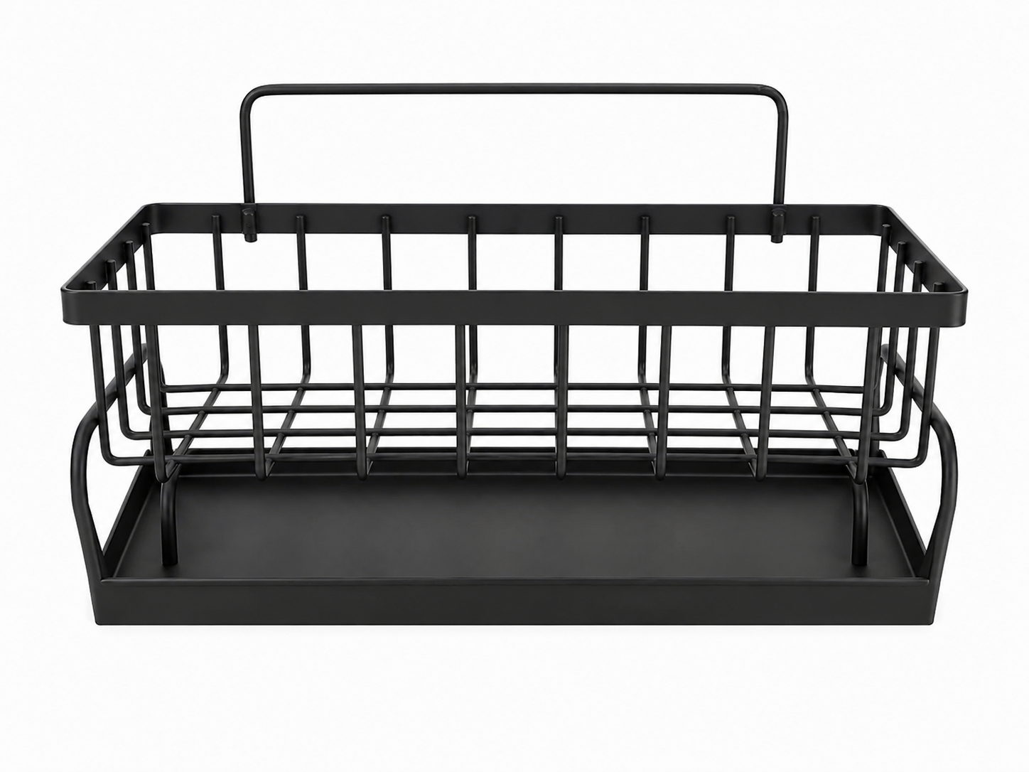 Organizador de plástico negro con bandeja de drenaje y asa para cocina o baño.