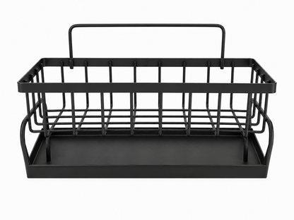 Organizador de plástico negro con bandeja de drenaje y asa para cocina o baño.