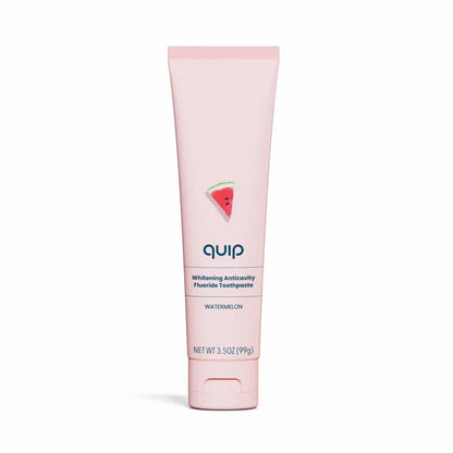 Crema dental en un tubo de color rosa con un gráfico de sandía.