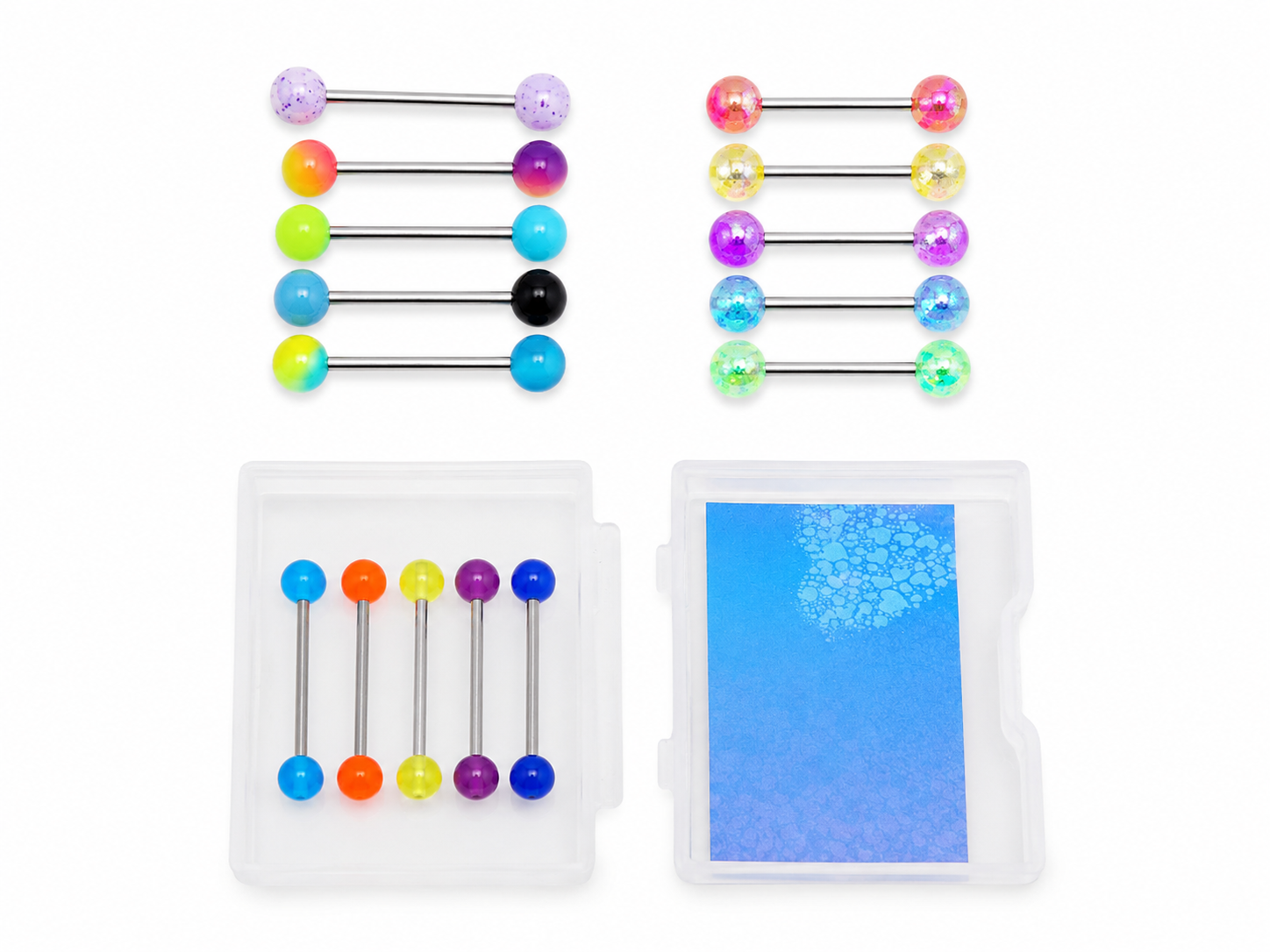 Juego de piercings para lengua con barras de acero y bolas de colores.