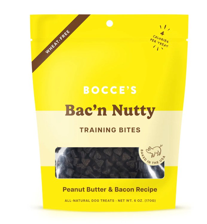 Bocce's Bakery Bac'n Nutty Training Bites, comida para perros con mantequilla de cacahuete.
