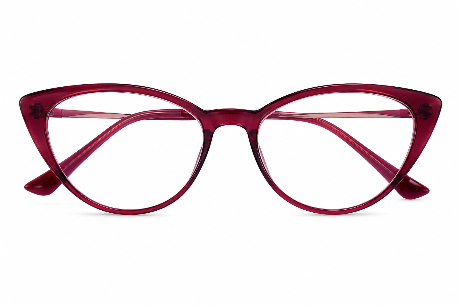 Lentes estilo ojo de gato color rojo vino con montura translúcida.