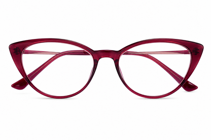 Lentes estilo ojo de gato color rojo vino con montura translúcida.