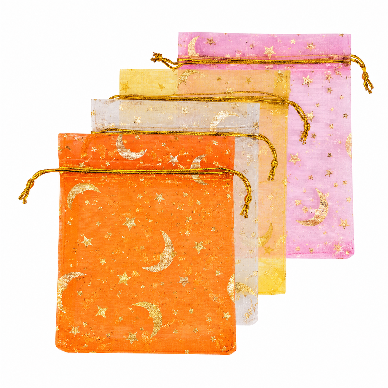 Set de 4 Bolsitas de Organza Decorativas con Cordón de Cierre y Diseño de Estrellas y Luna.