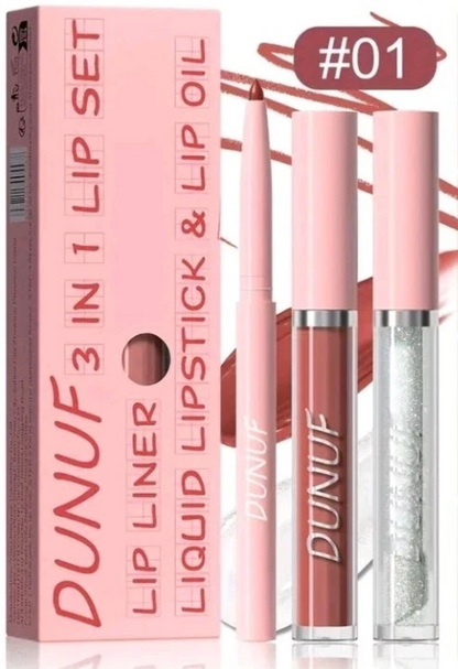 Set de 3 productos para labios (delineador de labios, labial líquido y aceite labial) Resistente al agua