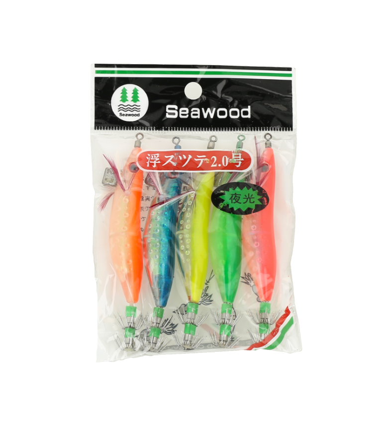 Conjunto de señuelos de pesca para calamar y sepia, con un diseño luminoso en colores vibrantes