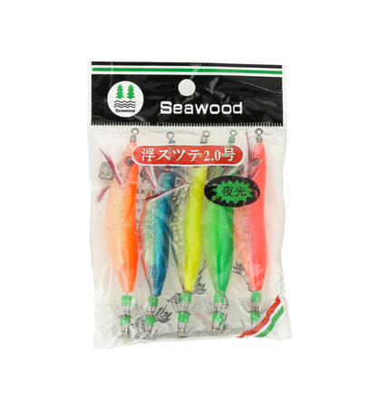 Conjunto de señuelos de pesca para calamar y sepia, con un diseño luminoso en colores vibrantes