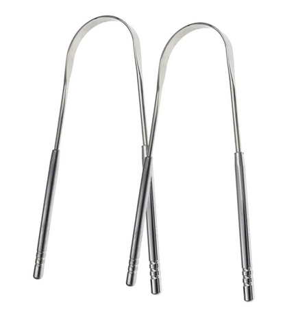 Kit de raspadores de lengua de acero inoxidable en forma de U diseñados para una limpieza bucal profunda.