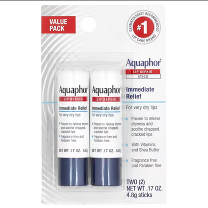 Paquete doble que contiene dos barras de 4.8 gramos diseñadas para el alivio inmediato de labios muy secos.
