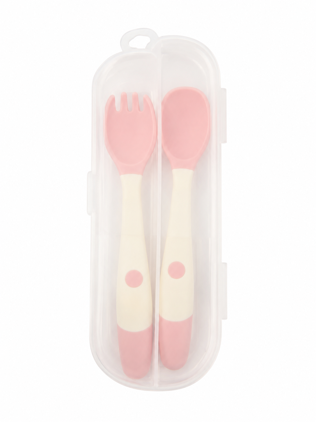 Juego de cubiertos infantiles reutilizables con estuche portátil, cuchara y tenedor color rosa.