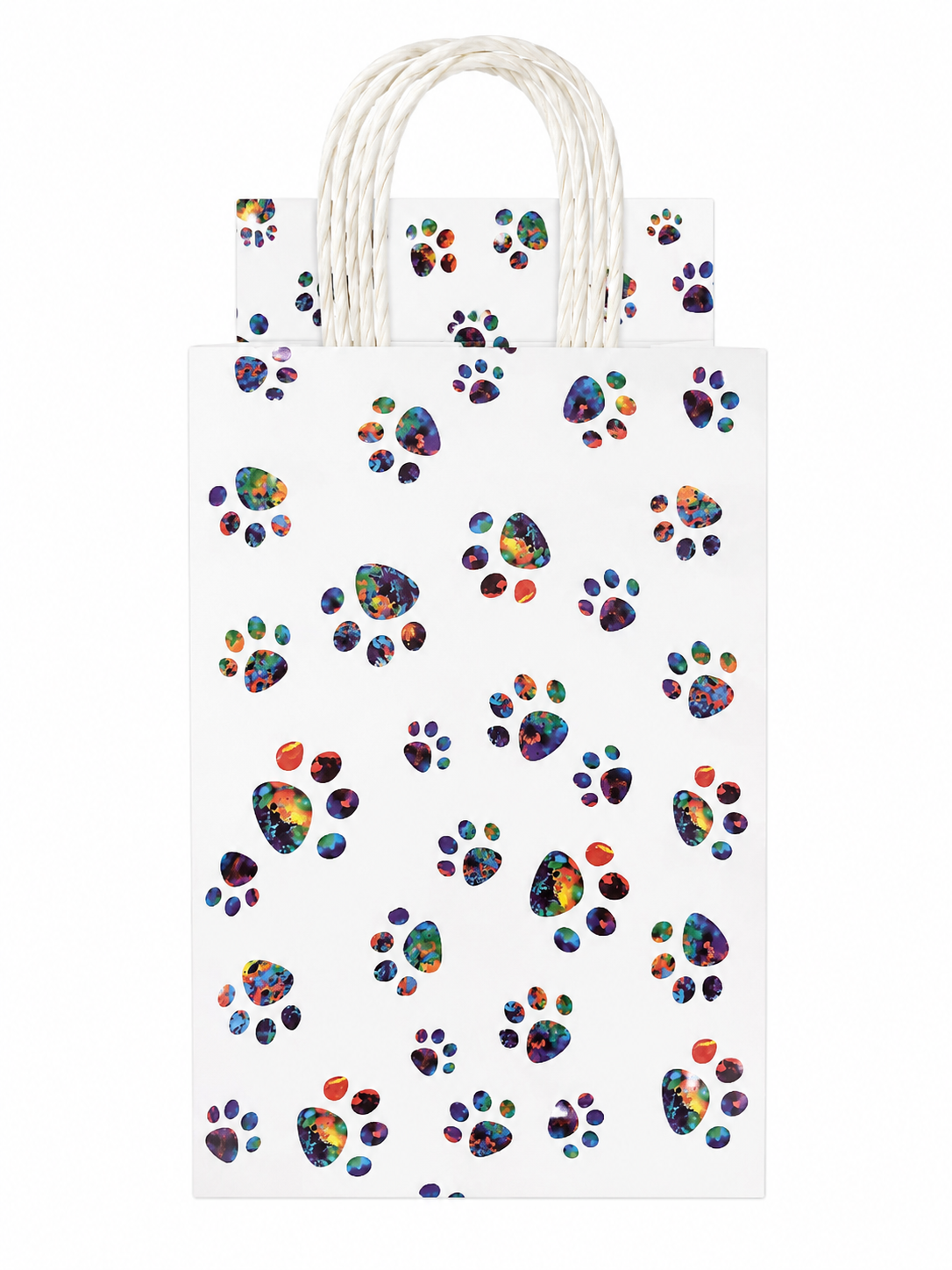 Bolsa de Regalo de Papel con Asas de Cordón y Diseño de Huellas Multicolor.