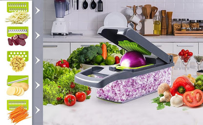 Cortador Multifuncional de Verduras y Frutas con Recipiente y Cuchillas Intercambiables.