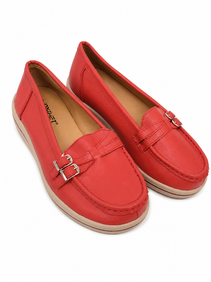Mocasines casuales para mujer color rojo con detalle de hebilla, talla 41.