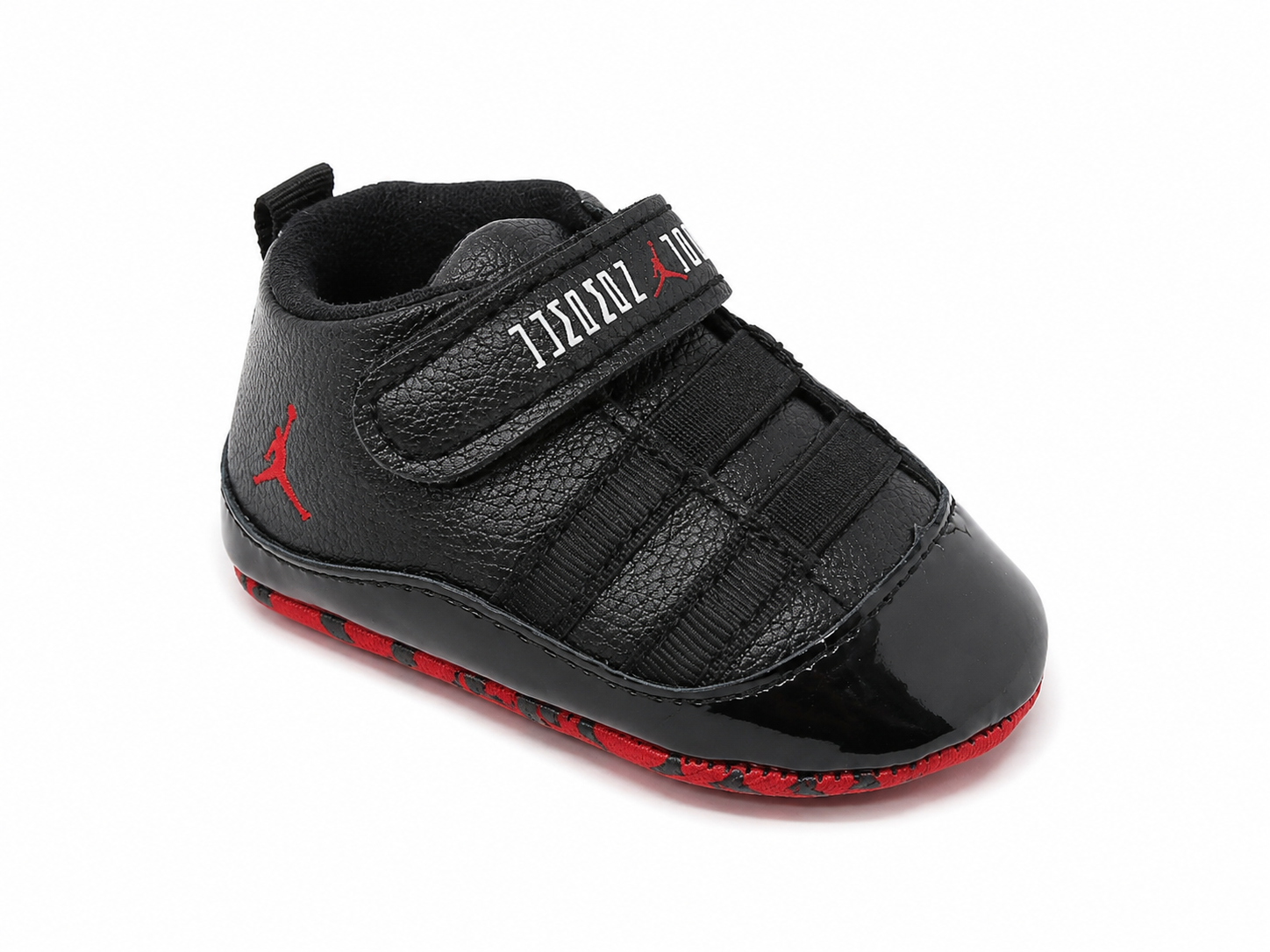 Tenis para Bebé Color Negro y Rojo con Cierre de Velcro, Talla 19.