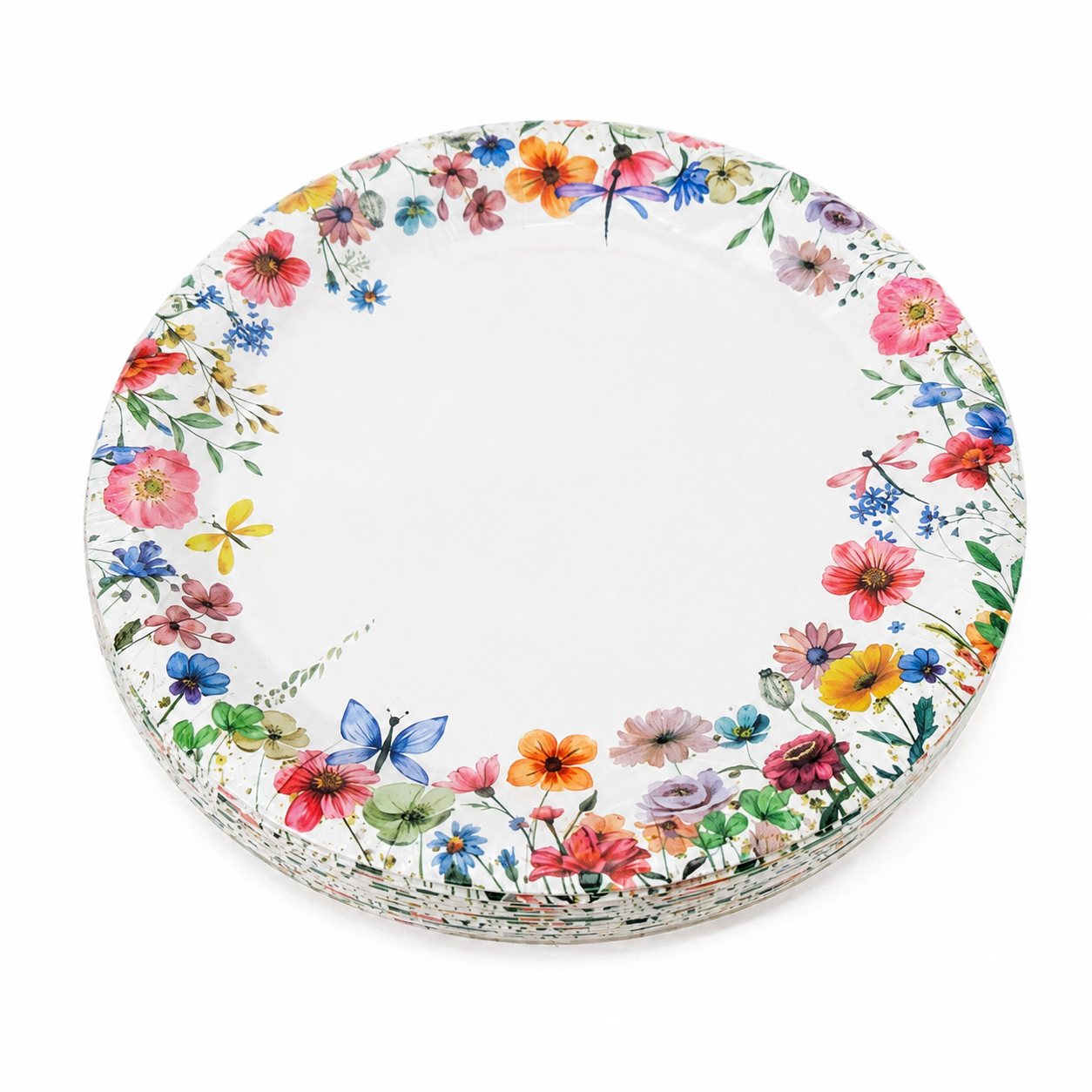 Platos Desechables Redondos con Diseño Floral Multicolor.