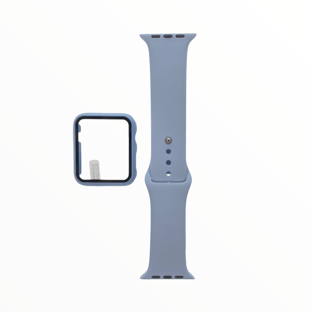 Combo de accesorios para Apple Watch incluye una correa de silicona celeste y un protector de pantalla transparente.