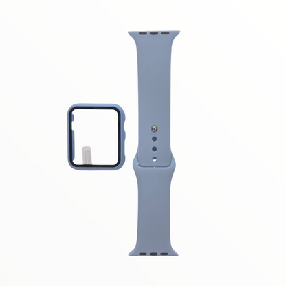 Combo de accesorios para Apple Watch incluye una correa de silicona celeste y un protector de pantalla transparente.