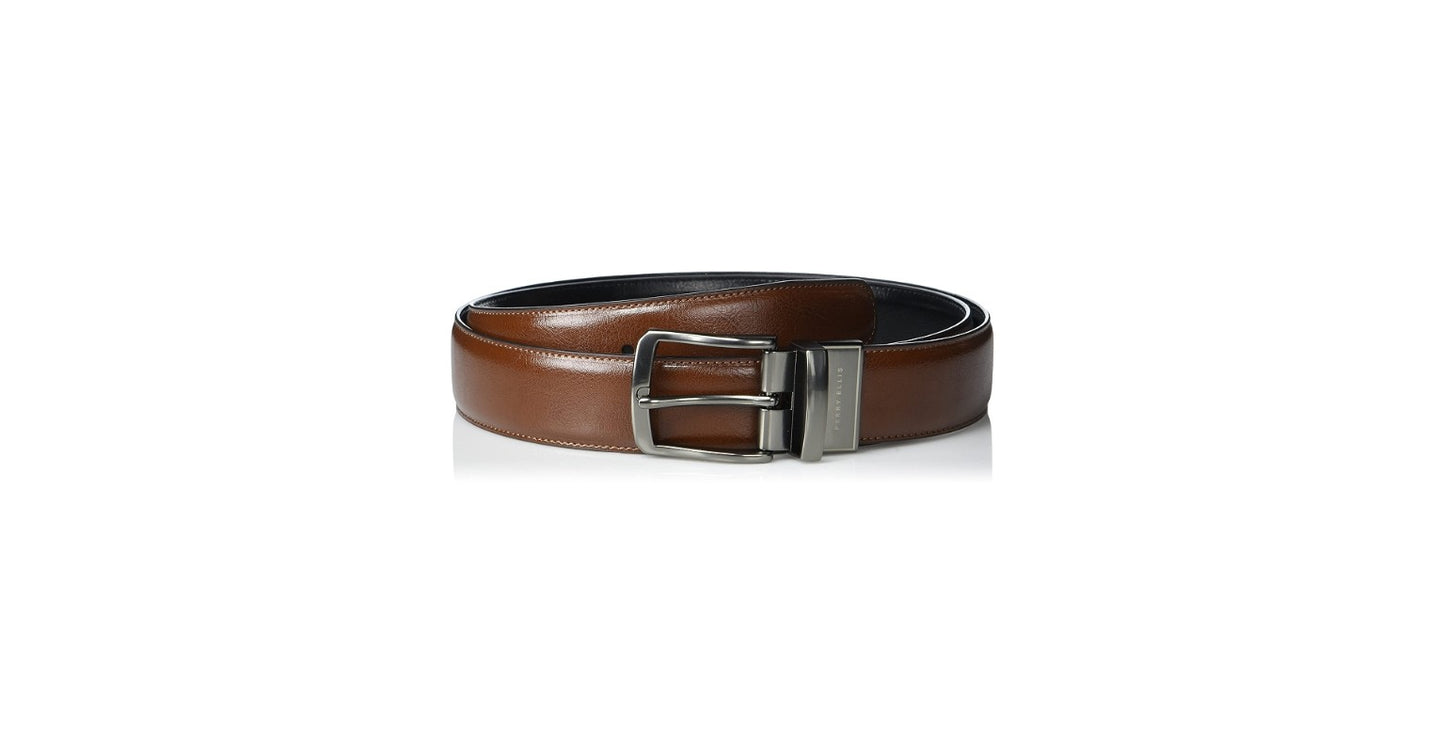 Cinturón reversible marrón y negro con hebilla metálica.